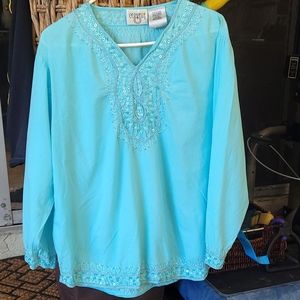 Carvelle Tiffany blue long sleeve w embellishments on hems Lq